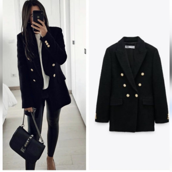 ZARA Tweed Textured Weave Double Breasted  Blazer Black - Picture 12 of 15